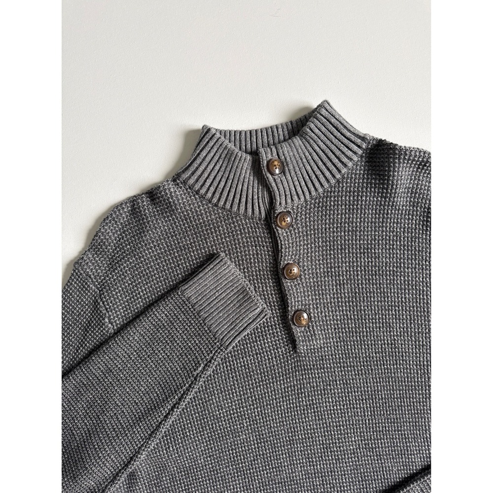 St Johns Bay Outdoor Mens Large Gray Waffle Knit Mock Neck Button Henley Sweater
